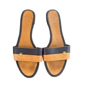 TORY BURCH Slides Caramel/Navy Size 7.5